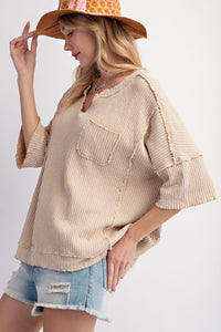 Easel Ribbed Thermal Knit Top in Khaki Shirts & Tops Easel   