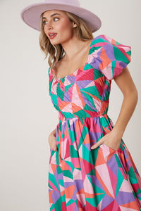 Peach Love Geo Print Poplin Maxi Dress in Pink/Green Multi Dresses Peach Love California   