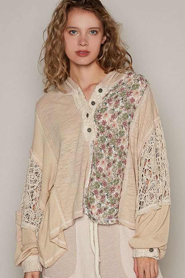 POL Oversized Mixed Print Hooded Top in Beige Shirts & Tops POL Clothing   