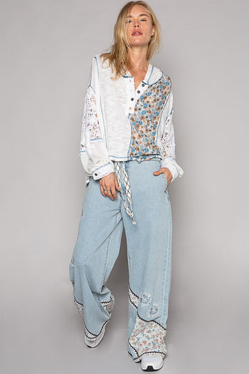 POL Oversized Mixed Print Hooded Top in Ivory Shirts & Tops POL Clothing   