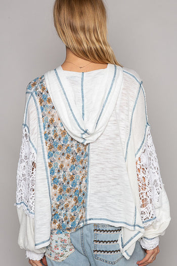 POL Oversized Mixed Print Hooded Top in Ivory Shirts & Tops POL Clothing   