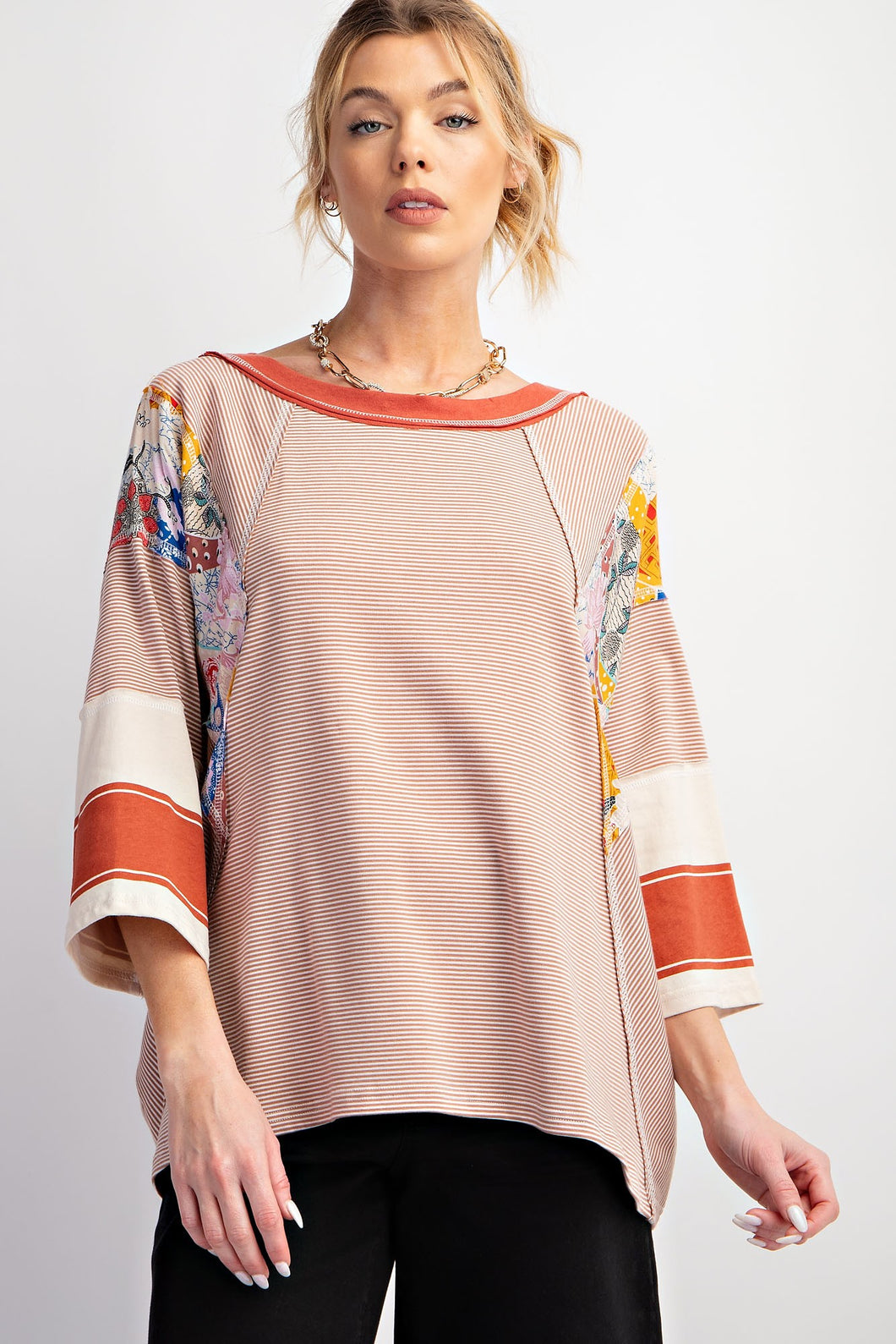 Easel Pin Stripe Top with Mixed Print Design in Cinnamon Shirts & Tops Easel   