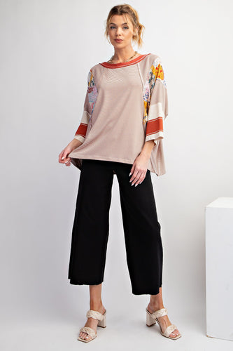 Easel Pin Stripe Top with Mixed Print Design in Cinnamon Shirts & Tops Easel   