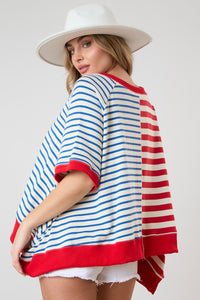 Peach Love Mixed Color Striped Oversized Top in Red/Blue Shirts & Tops Peach Love California   