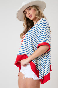 Peach Love Mixed Color Striped Oversized Top in Red/Blue Shirts & Tops Peach Love California   