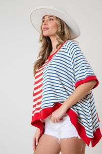 Peach Love Mixed Color Striped Oversized Top in Red/Blue Shirts & Tops Peach Love California   