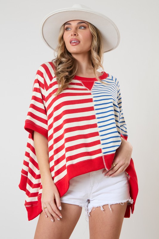 Peach Love Mixed Color Striped Oversized Top in Red/Blue Shirts & Tops Peach Love California   