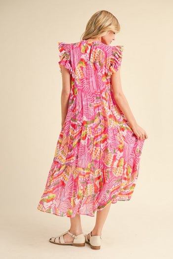 Jodifl Mixed Print Chiffon Midi Dress in Fuchsia Mix