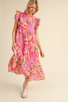 Jodifl Mixed Print Chiffon Midi Dress in Fuchsia Mix