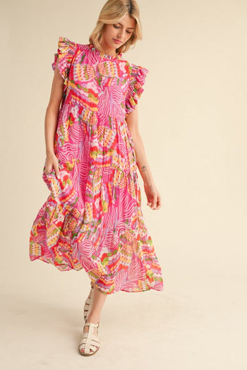 Jodifl Mixed Print Chiffon Midi Dress in Fuchsia Mix