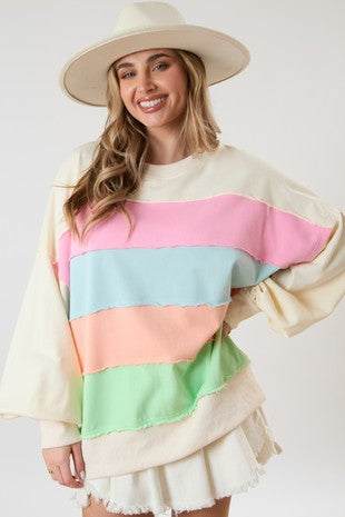 Peach Love Terry Knit Top with Contrasting Color Stripes in Ivory Multi