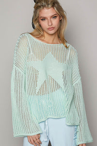 POL Open Knit Star Sweater in Light Mint Sweaters POL   