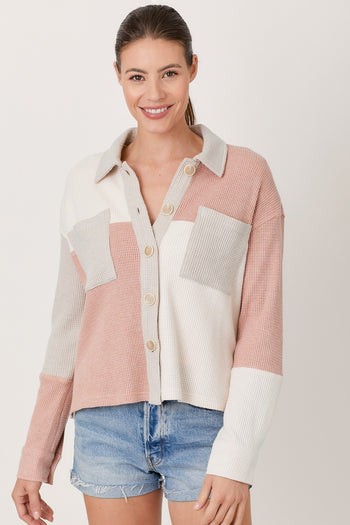 Mystree Color Block Shacket in Rose/Ivory