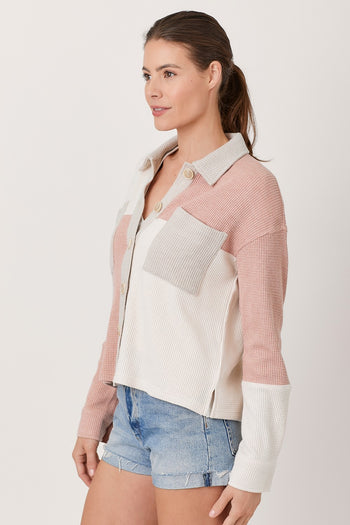 Mystree Color Block Shacket in Rose/Ivory