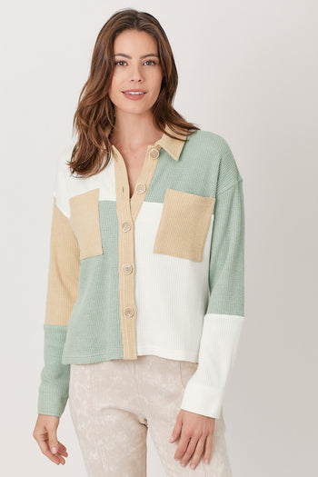 Mystree Color Block Shacket in Green/Ivory