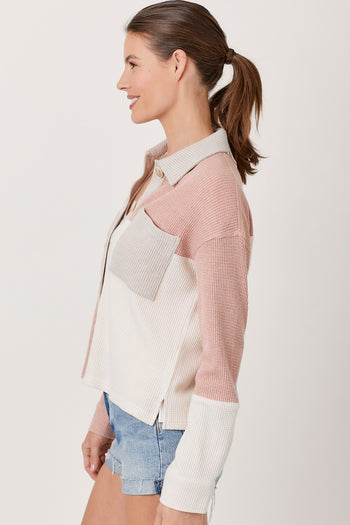 Mystree Color Block Shacket in Rose/Ivory