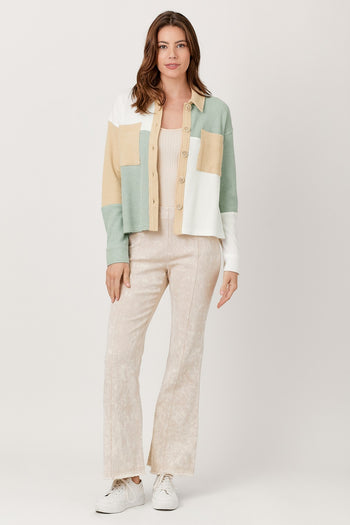 Mystree Color Block Shacket in Green/Ivory