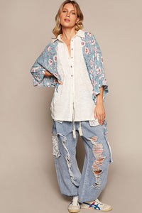 POL Knit Solid and Contrasting Fabric Panel Button Down Top in Ivory/Blue Shirts & Tops POL Clothing   