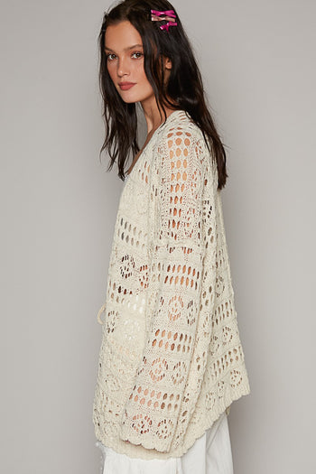 POL Contrasting Pattern Knitted Open Front Cardigan in Natural ON ORDER Cardigan POL Clothing   