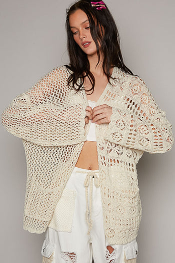 POL Contrasting Pattern Knitted Open Front Cardigan in Natural ON ORDER Cardigan POL Clothing   