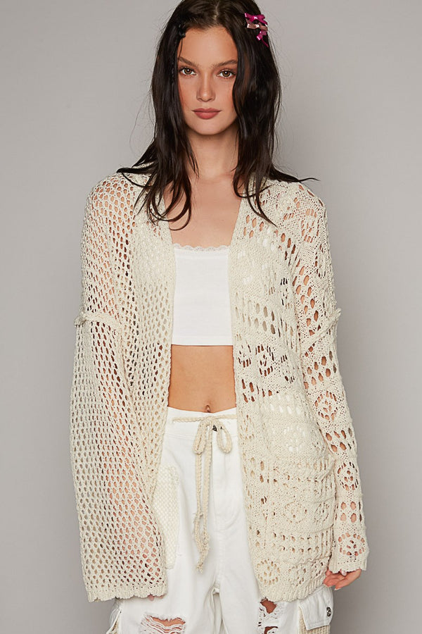 POL Contrasting Pattern Knitted Open Front Cardigan in Natural ON ORDER Cardigan POL Clothing   