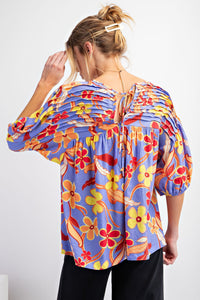 Easel Peach Blossom Print Top with Pintuck Details in Lilac Blue Shirts & Tops Easel   