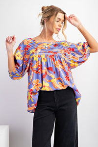 Easel Peach Blossom Print Top with Pintuck Details in Lilac Blue Shirts & Tops Easel   