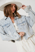 Load image into Gallery viewer, Peach Love CROPPED Denim Jacket with Pearls in Light Wash
