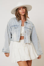 Load image into Gallery viewer, Peach Love CROPPED Denim Jacket with Pearls in Light Wash
