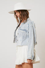 Load image into Gallery viewer, Peach Love CROPPED Denim Jacket with Pearls in Light Wash
