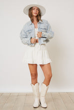 Load image into Gallery viewer, Peach Love CROPPED Denim Jacket with Pearls in Light Wash
