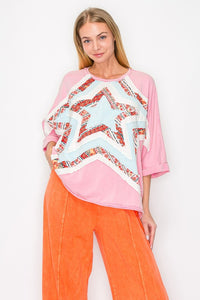 J.Her Quilted Star Patched Top in Pink Multi Shirts & Tops J.Her   