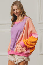 Load image into Gallery viewer, BiBi Color Block French Terry Top in Lavender/Peach/Fuchsia ON ORDER Shirts &amp; Tops BiBi   
