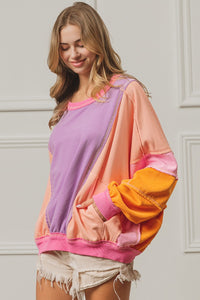 BiBi Color Block French Terry Top in Lavender/Peach/Fuchsia ON ORDER Shirts & Tops BiBi   