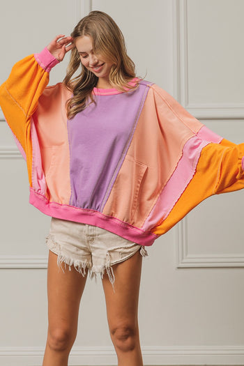 BiBi Color Block French Terry Top in Lavender/Peach/Fuchsia Shirts & Tops BiBi   