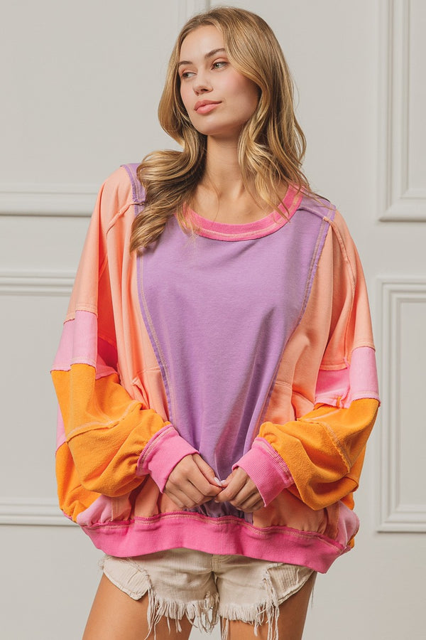 BiBi Color Block French Terry Top in Lavender/Peach/Fuchsia Shirts & Tops BiBi   