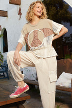 Load image into Gallery viewer, POL Half Cotton and Open Knit Crochet Peace Sign Patch Top in Taupe Multi
