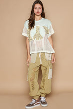 Load image into Gallery viewer, POL Half Cotton and Open Knit Crochet Peace Sign Patch Top in Lime Cream Multi
