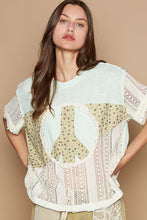 Load image into Gallery viewer, POL Half Cotton and Open Knit Crochet Peace Sign Patch Top in Lime Cream Multi
