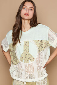 POL Half Cotton and Open Knit Crochet Peace Sign Patch Top in Lime Cream Multi