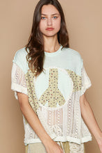 Load image into Gallery viewer, POL Half Cotton and Open Knit Crochet Peace Sign Patch Top in Lime Cream Multi
