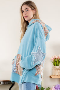 BlueVelvet Terry Knit Multi Print Patch Hooded Top in Blue Shirts & Tops BlueVelvet   