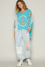 Load image into Gallery viewer, POL Oversized Peace Sign Patch Hooded Top in Aqua Blue/Cream
