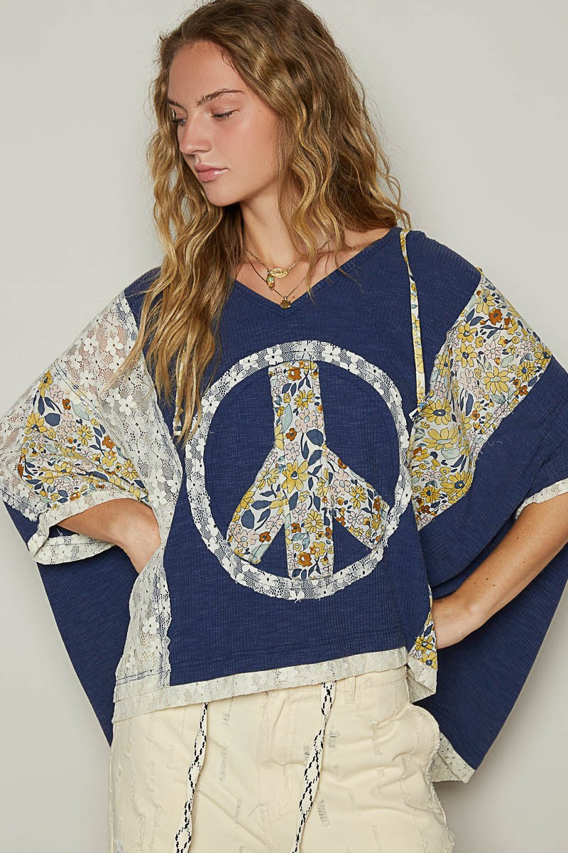 POL Oversized Peace Sign Patch Hooded Top in Indigo/Ivory