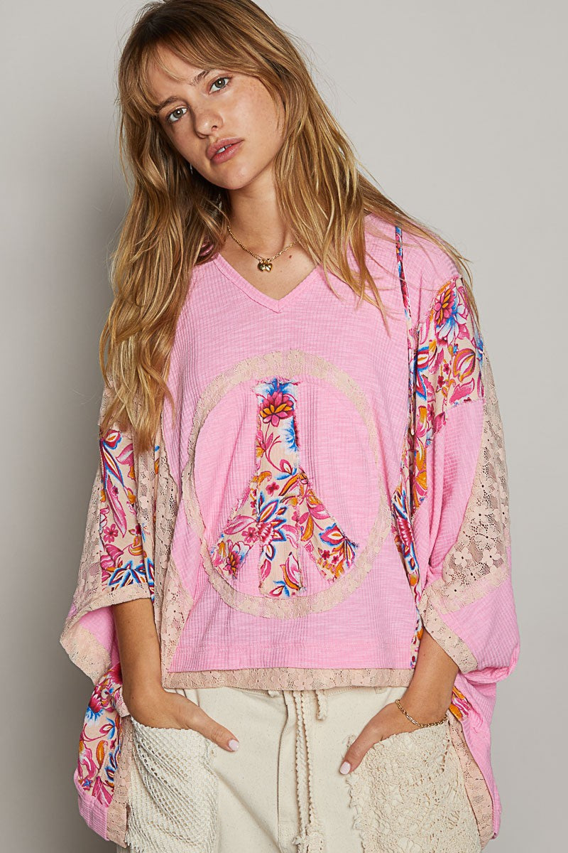 POL Oversized Peace Sign Patch Hooded Top in Pink/Blush – June Adel