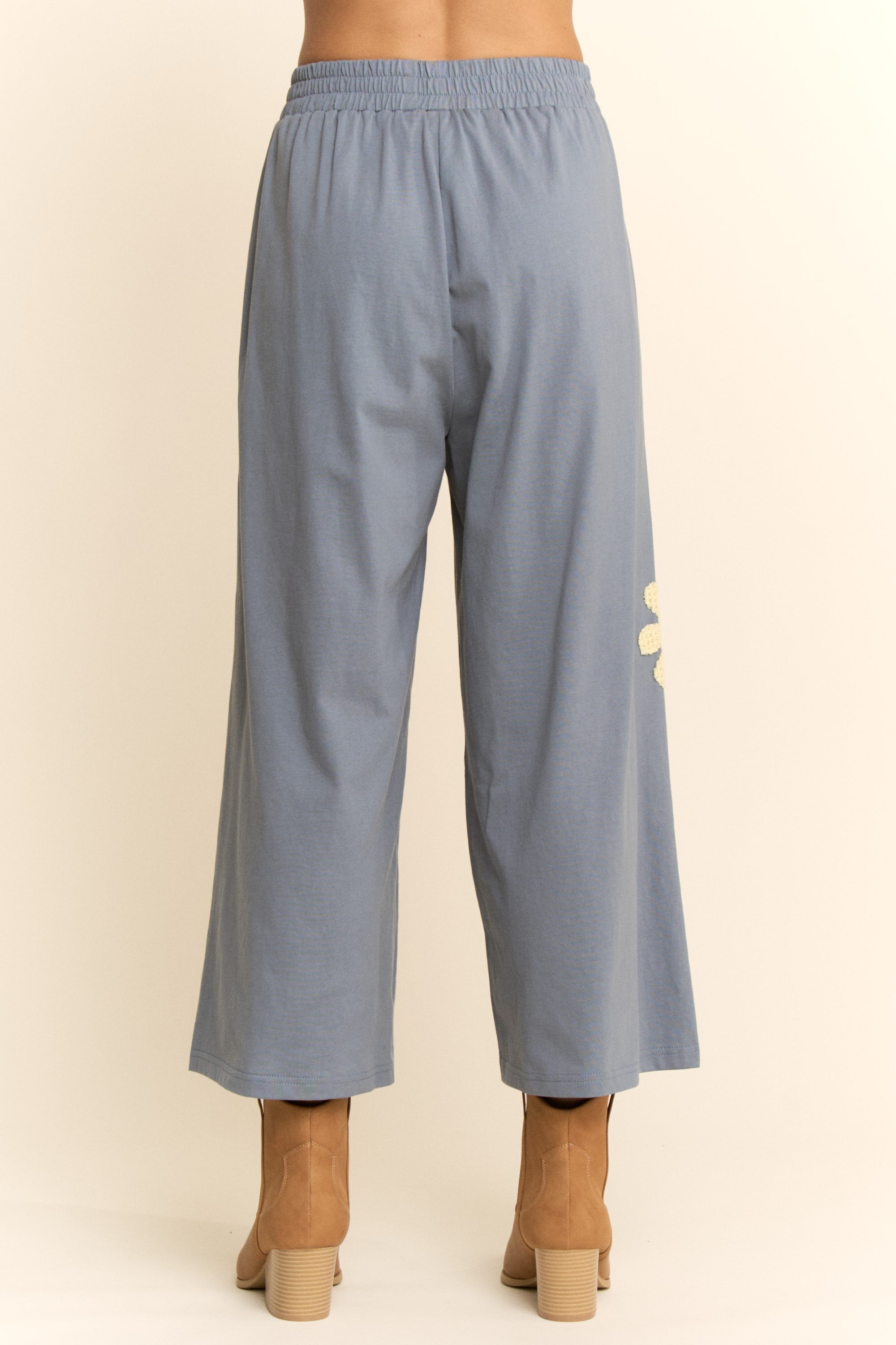 Davi & Dani Knit and Lace Pants with Flower Patches in Blue Multi