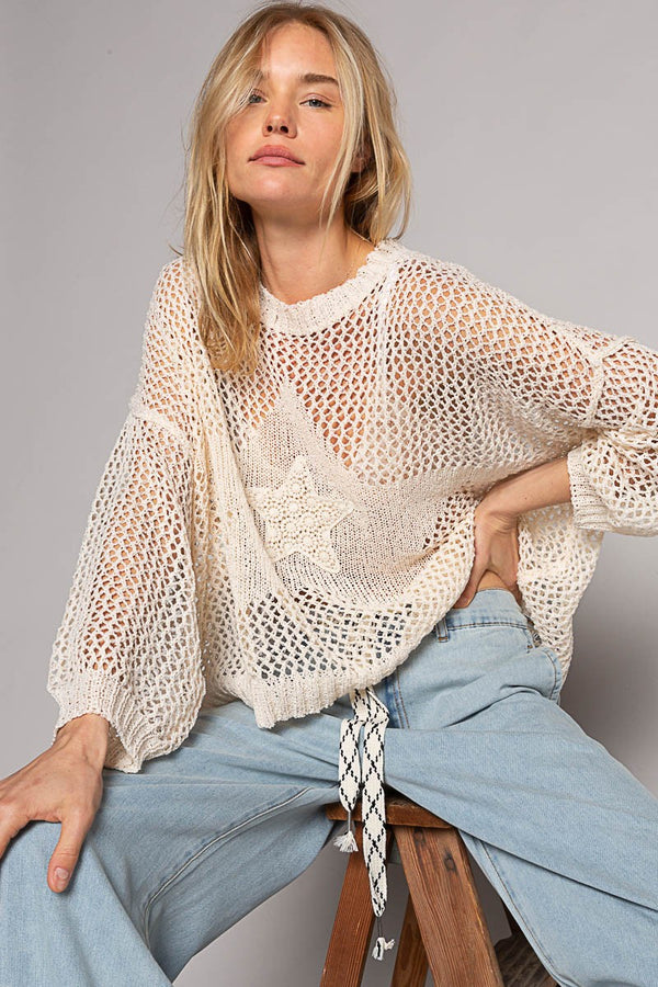 POL Open Knit Top with Knit Star Details in Natural Shirts & Tops POL Clothing   