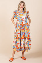 Load image into Gallery viewer, Jodifl Flower Print Tiered Midi Dress in Honey Mustard/Blue
