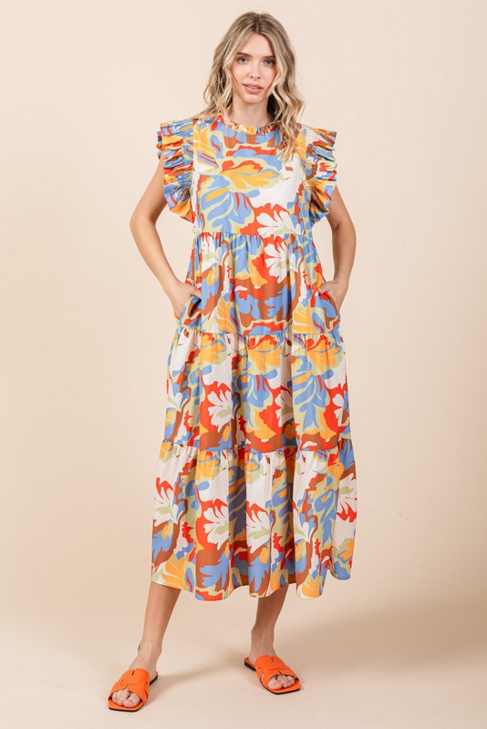 Jodifl Flower Print Tiered Midi Dress in Honey Mustard/Blue