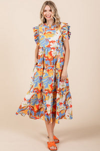 Jodifl Flower Print Tiered Midi Dress in Honey Mustard/Blue